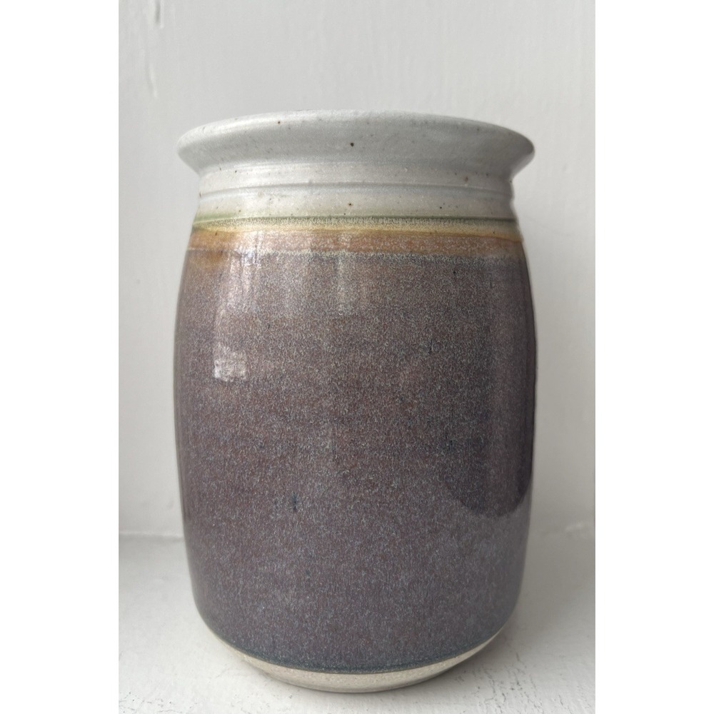 Royce Yoder Vase Art Pottery Purple Gray Signed Green Tan Stripe Crock Rimmed‎